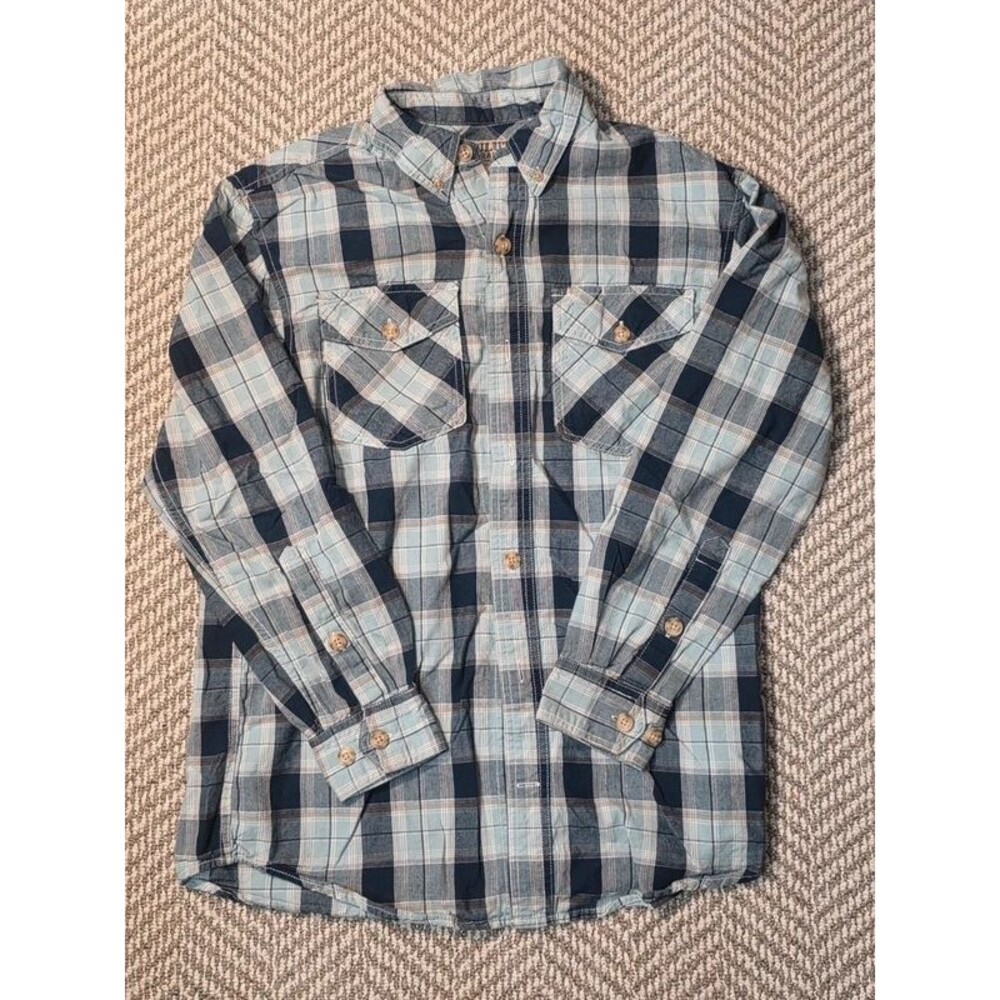 Duluth Trading Co Mens Long Sleeve Flannel Shirt Blue Gray Plaid Button Up